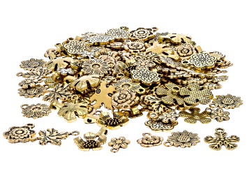 Picture of Antiqued Gold Tone Dangle Charms with Bail in 7 Flower Styles appx 140 Pieces Total