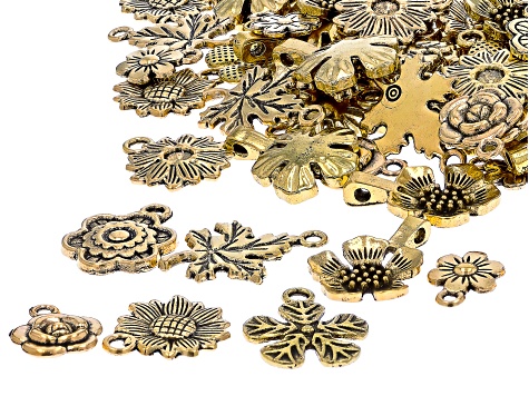 Antiqued Gold Tone Dangle Charms with Bail in 7 Flower Styles appx 140 Pieces Total