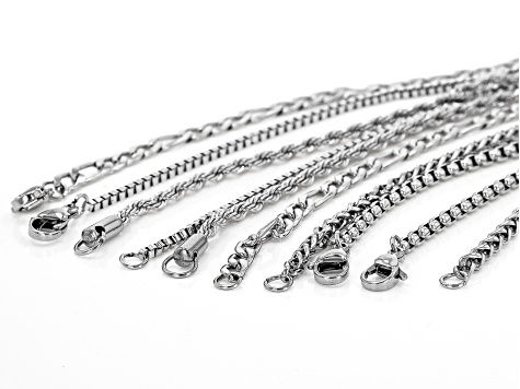 Stainless Steel Set of 10 Finished Chains in Assorted Styles and Sizes