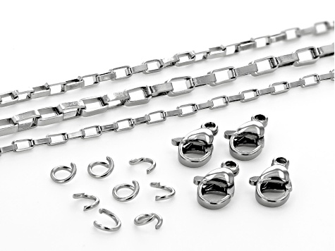 Stainless Steel Box Chain & Finding Kit Includes 3 Size Chains, 4 Lobster Clasps, & 8 Jump Rings
