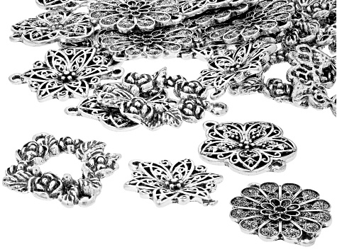 Antique Silver Tone Assorted Floral Connectors Set of 32