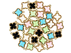 Multicolor Glass Connector 17.5x13mm Clover Shape with Gold Tone Accents Set of 30