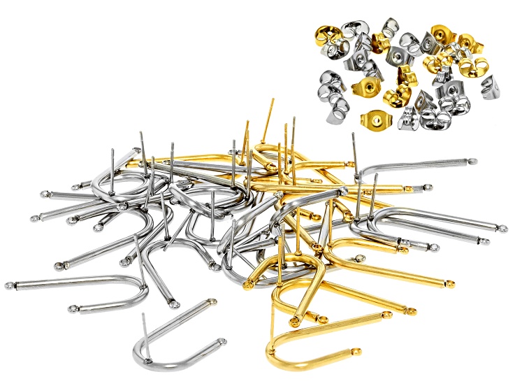 18k Gold Plated Stainless Steel & Stainless Steel U Shaped Earrings Set of 30