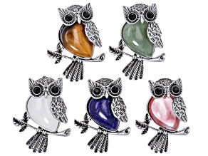 Multi-Stone & Silver Tone 46x34mm Owl Pendant Set of 5