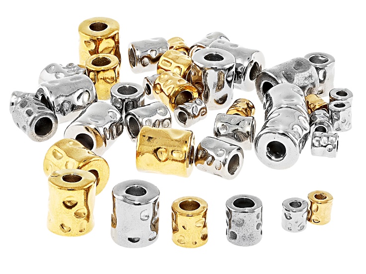 Stainless Steel & 18K Gold Over Stainless Steel Textured Bead in Assorted Sizes Set of 40