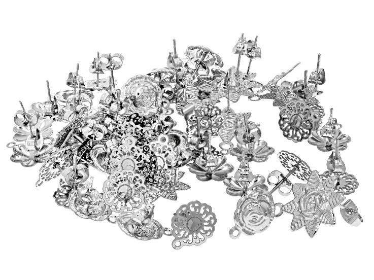 Stainless Steel Flower Stud Earrings with Closed Jump Ring in Assorted Shapes Set of 50