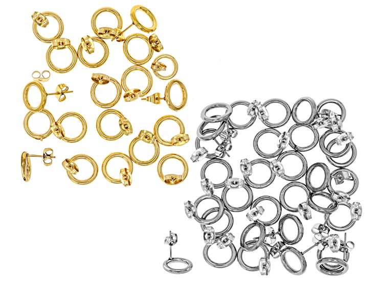 18k Gold Over Stainless Steel & Stainless Steel 12x2mm Open Circle Stud Earring Set of 50