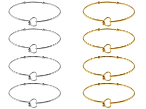 Stainless Steel & 18K Gold Over Stainless Steel Bangle with Heart Clasp Set of 8
