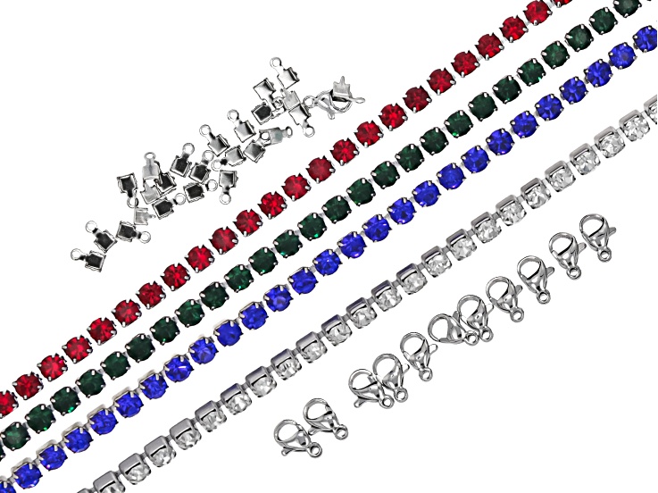 Multicolor Crystal & Stainless Steel Unfinished Chain, Connector, & Lobster Clasp Set of 40