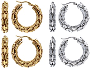 Stainless Steel & 18K Gold Over Stainless Steel 32mm Textured Hoop Earring Finding Set of 8