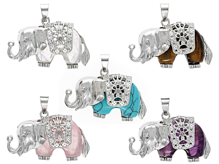 Multi-Stone & Silver Tone Elephant Pendant Set of 5