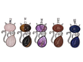 Multi-Stone & Silver Tone Cat Pendant Set of 5