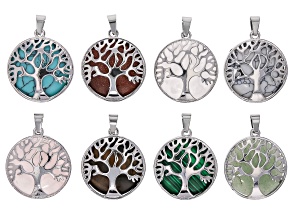 Multi-Stone & Silver Tone Tree of Life Pendant Set of 8