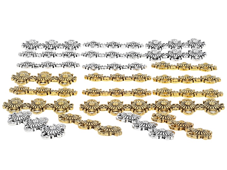 Antique Gold & Silver Tone Triple Flower Connector Set of 24