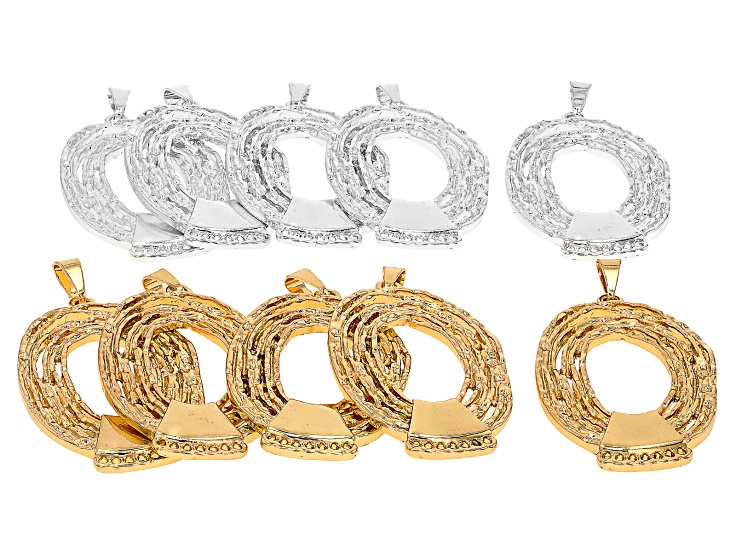 Silver & Gold Tone 40x25mm Open Textured Spiral Pendant with Seven Jump Rings Set of 10