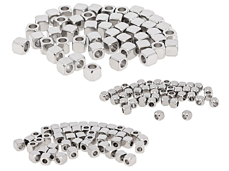 Stainless Steel Assorted Size Faceted Square Stainless Steel Bead Set of 150