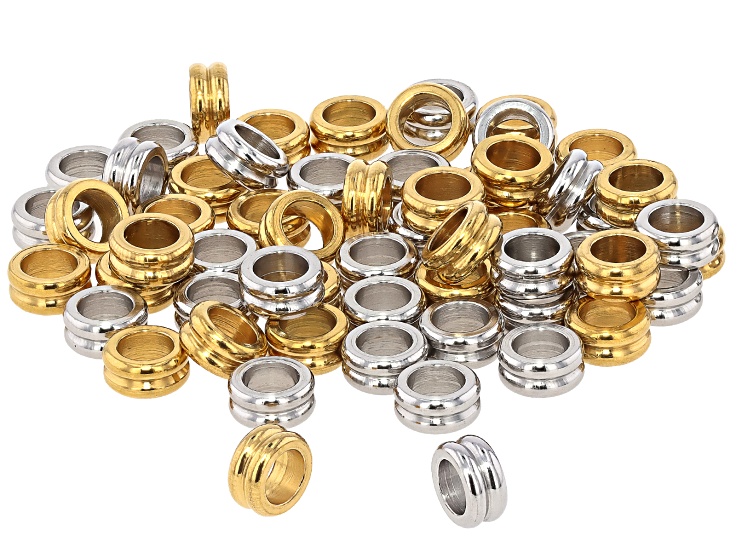 Stainless Steel & 18K Gold over Stainless Steel 6x3mm Ring Texture Spacer Bead Set of 60
