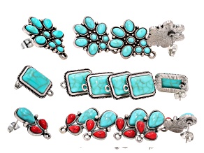 Red & Blue Turquoise Color Resin & Silver Tone Earring Stud Set of 16