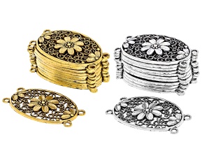 Antique Silver & Gold Flower & Filigree 28x45 Oval Connector with Four Jump Rings Set of 24