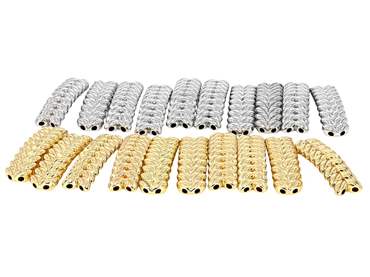 Silver & Gold Tone 35x9mm Curved Wheat Shaped Bead with Double Holes Set of 20