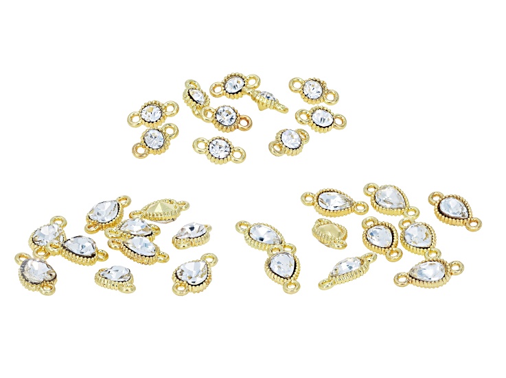 Gold Tone Drop, Heart, & Round Connector with Cubic Zirconia Set of 30