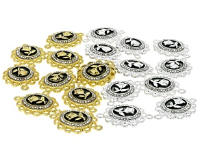 Gold & Silver Tone 29x20mm Oval Connector with Rose Motif & Crystal Accents Set of 20