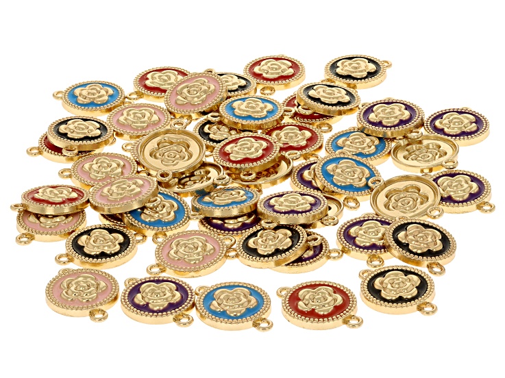 Multicolor with Gold Tone 24mm Round Rose Motif Connector Set of 50