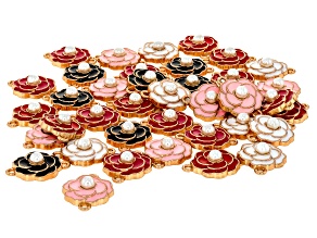 Multicolor & Gold Tone 18mm Rose Connector with Synthetic Pearl Accent Set of 40