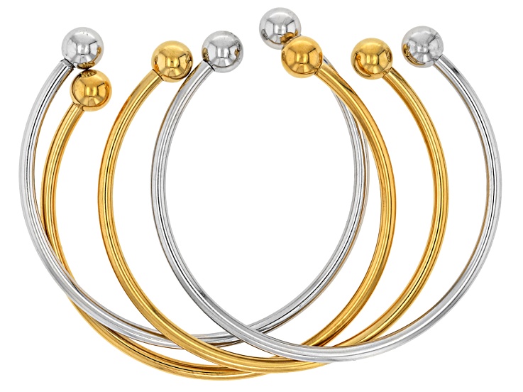 Stainless Steel & 18k Gold Over Stainless Steel 60x3mm Cuff Bracelet Set of 4