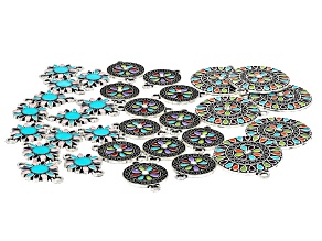 Silver Tone & Multicolor Southwest Style Connector & Charm Set of 30