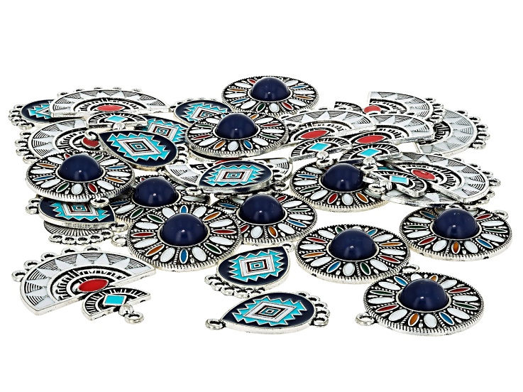 Silver Tone & Multicolor Southwest Style Focal Connector & Charm Set of 30