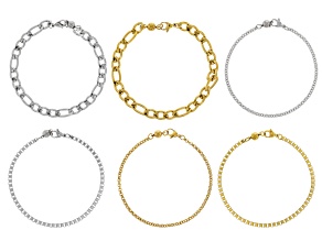 Stainless Steel & 18k Gold Over Stainless Steel Bracelet Finished Chain with Magnetic Clasp Set of 6