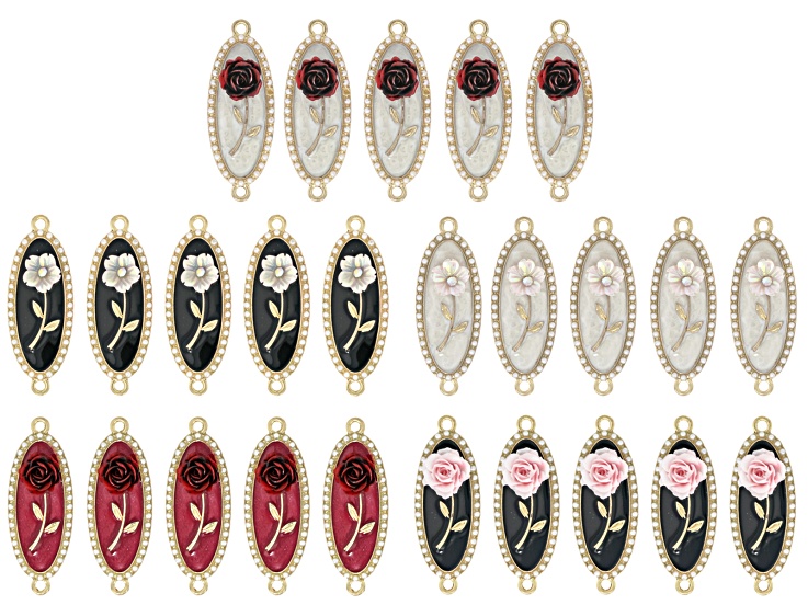 アクセサリー Jewelry Multicolor Gold Tone Framed Assorted Flower Oval Connector Set of
