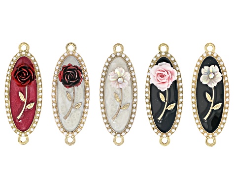 Multicolor Gold Tone Framed Assorted Flower Oval Connector Set of