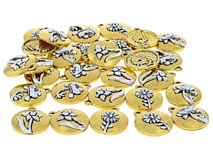 Gold & Silver Tone 12.5mm Charm with Floral Motif Set of 30