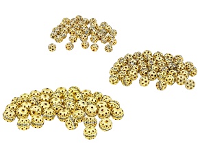 Gold Tone Assorted Size Hollow Bead with Crystal Accents Set of 120