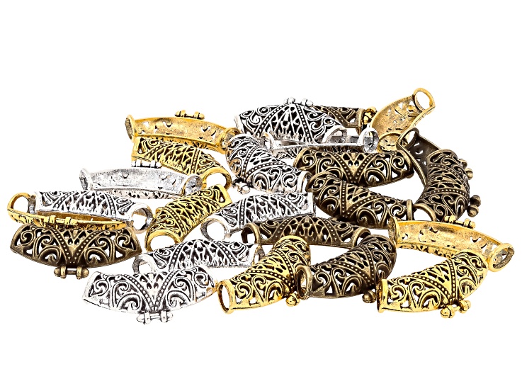 Antique Silver, Gold, & Copper Tone 34x18mm Open Back Filigree Tube Bead Set of 24