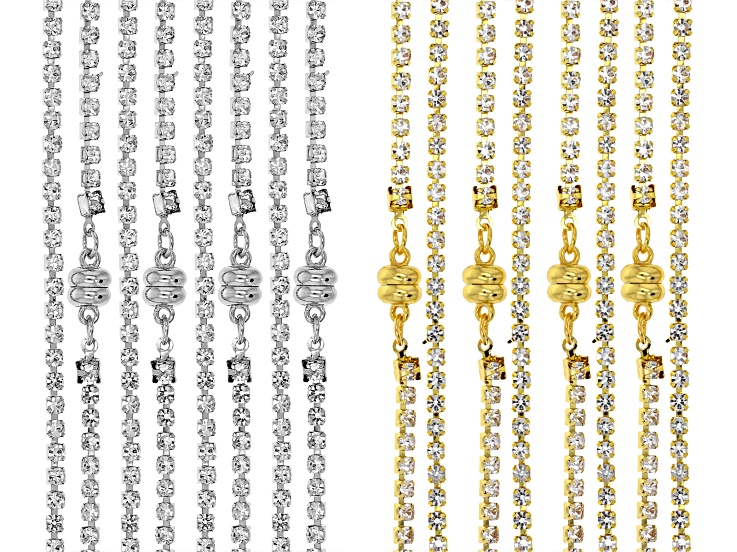 Silver & Gold Tone Crystal Accented Finished Necklace with Magnetic Clasp Set of 8