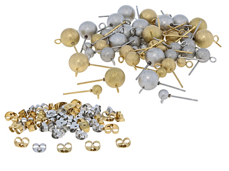 Stainless Steel & 18k Gold Over Stainless Steel Florentine Ball Stud with Jump Ring Set of 54