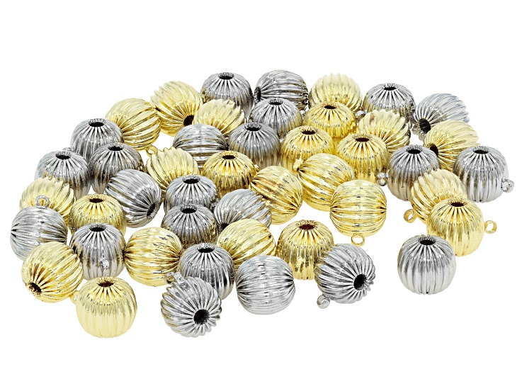 Gold & Silver Tone 10x8mm Textured Beads with Jump Rings Set of 46