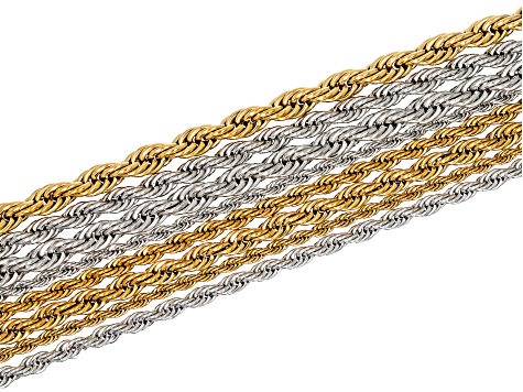 18k Gold Over Stainless Steel & Stainless Steel 18+2" Assorted Rope Chain Set of 8