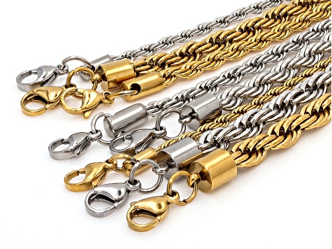 18k Gold Over Stainless Steel & Stainless Steel 18+2" Assorted Rope Chain Set of 8