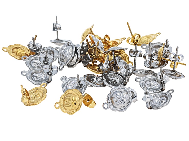 18k Gold Over Stainless Steel & Stainless Steel 14x10mm Rose Earring Finding Set of 30