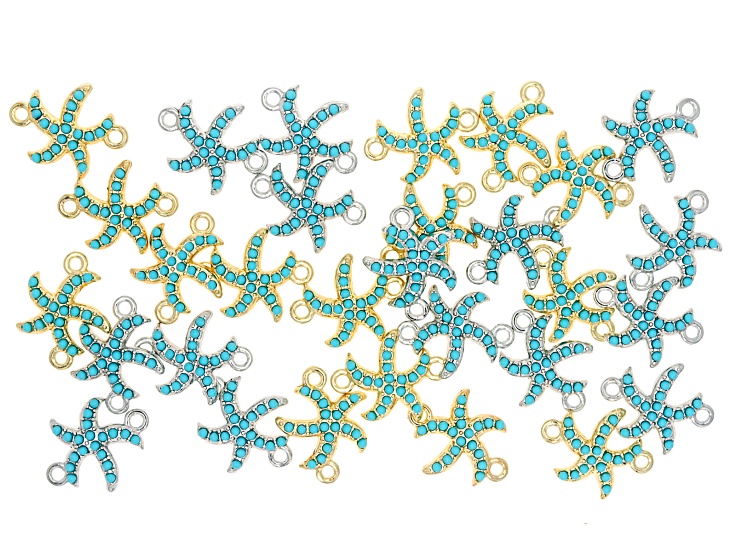 Gold & Silver Tone with Turquoise Color Crystals 24x20mm Starfish Connector Set of 30