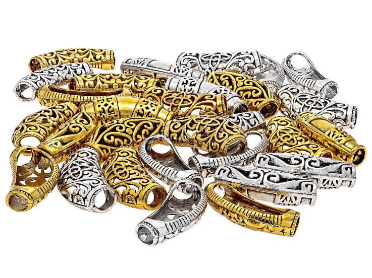 Antique Silver & Gold Tone 13x34 & 16x35mm Tube Bead Set of 30