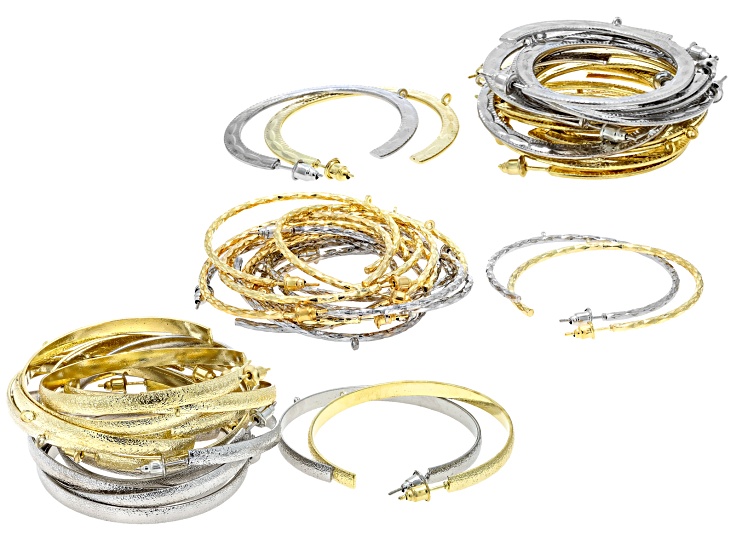 Gold & Silver Tone Assorted Size & Texture C-Shaped Earrings with Jump Rings Set of 24 Pairs