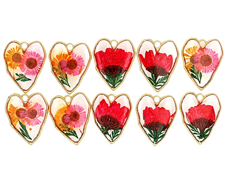 Natural Dried Flower in Resin 29x35mm Heart Shaped Charm Set of 10