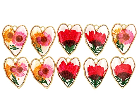 Natural Dried Flower in Resin 29x35mm Heart Shaped Charm Set of 10