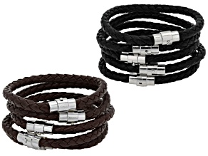 Black & Brown Vegan Leather 8" Bracelet with Silver Tone Clasp Set of 10