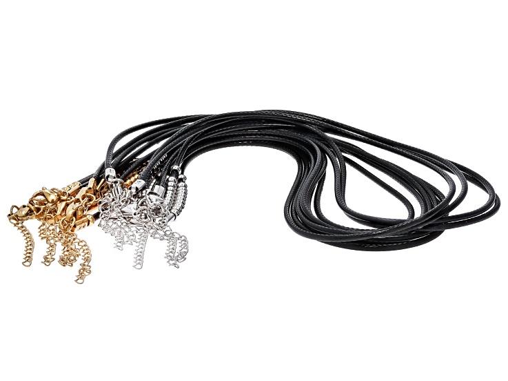Black Wax Cord Necklace with Gold & Silver Tone 4mm Round Beads Set of 10